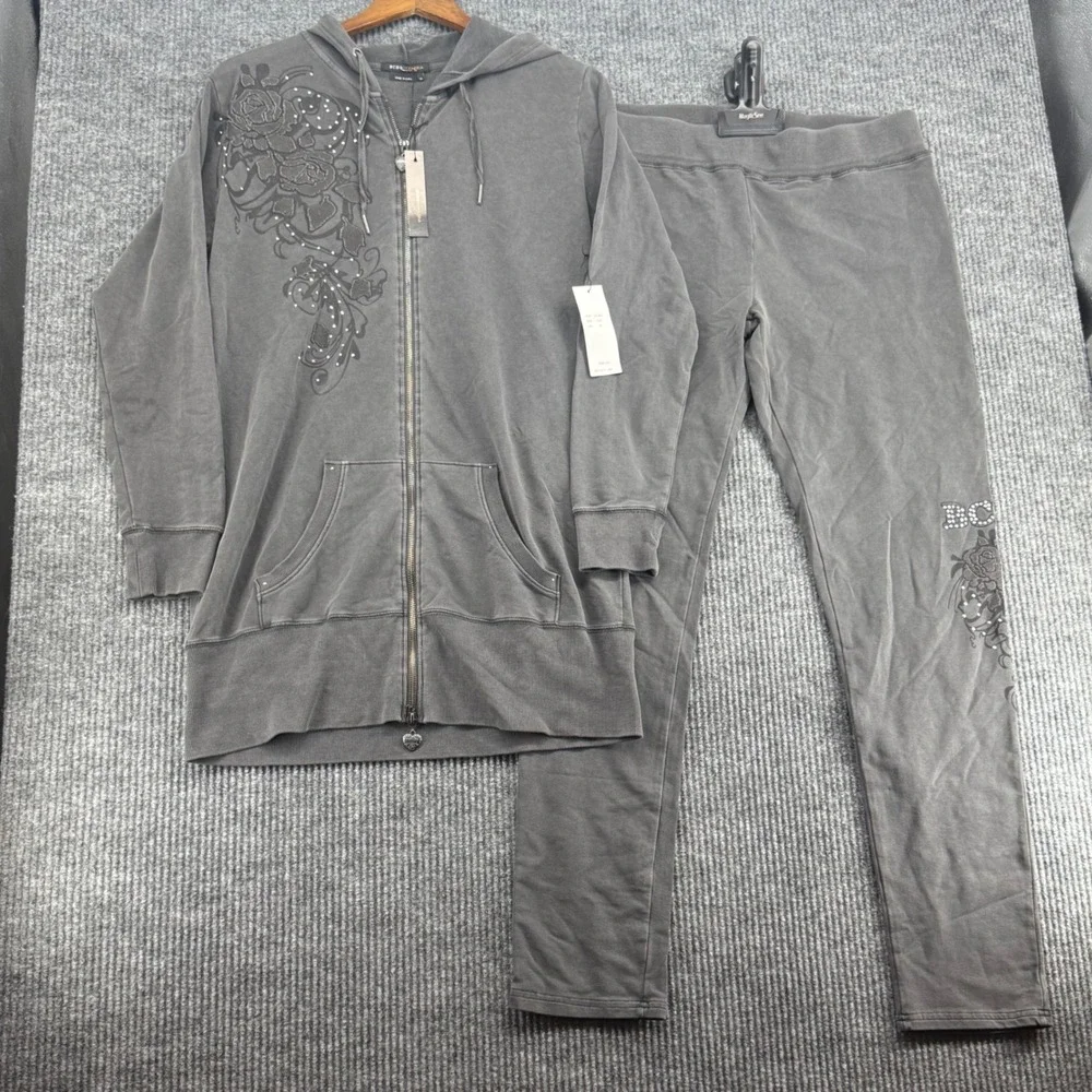 BCBG Max Azria Tracksuit Set Women XL Black New Floral Rhinestone Hoodie Legging